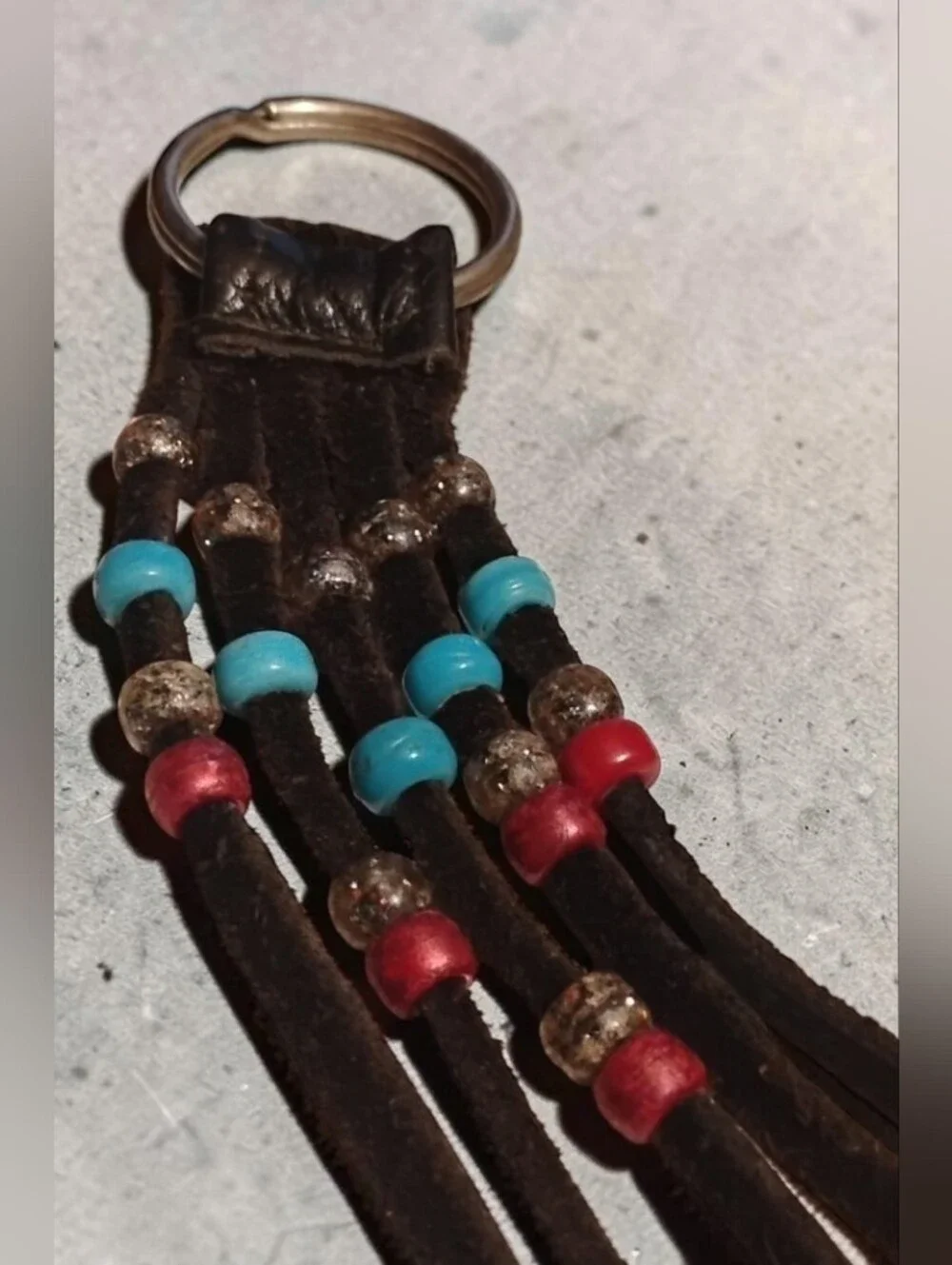 Vintage Boho Beaded Leather Fringe Keychain / Bag Charm (EUC)